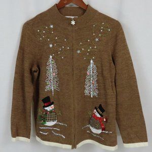 Mercer Street Studio Tan Brown Snowman Tree Christmas Sweater Sz. M